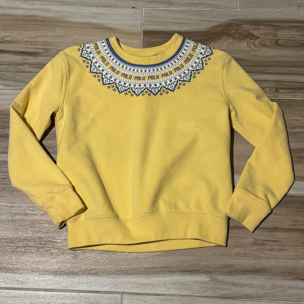 Polo Ralph Lauren Kids XL 16 Yellow Fair Isle Logo Graphic Crewneck Sweatshirt